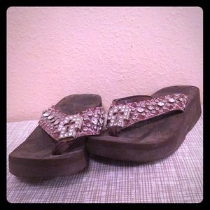 Montana West Brown Jeweled Flip Flops